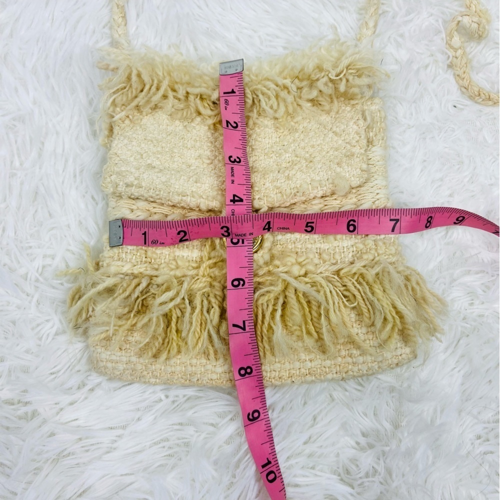UNBRANDED cream mini fringe fabric crossbody knit boho golden button purse - Picture 5 of 14